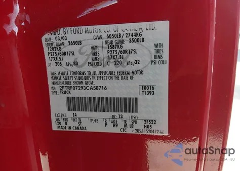 2003 Ford F-150 Xl/Xlt from USA, damaged, VIN 2FTRF07293CA58716